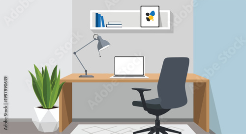 Φωτογραφία A home office workspace with laptop and lamp