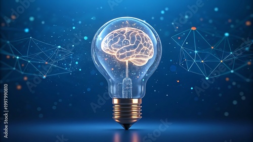 Obraz na płótnie Glowing 3d wireframe human brain floating inside a light bulb representing artificial intelligence and innovation