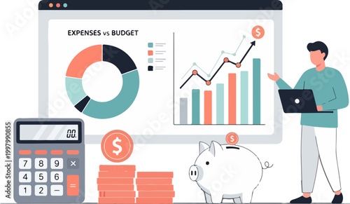 Financial budget planning vector illustration, businessman analyzing expenses vs budget dashboard, personal finance management with piggy bank and calculator