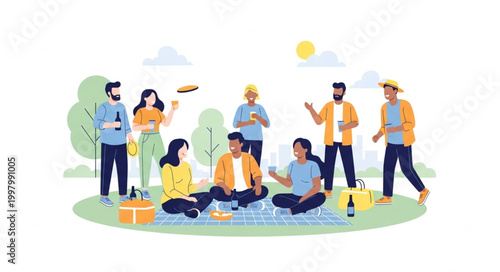 Diverse group of friends enjoying a sunny outdoor picnic together.