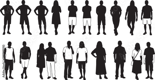 Set of diverse silhouette figures in casual and formal poses isolated on transparent background