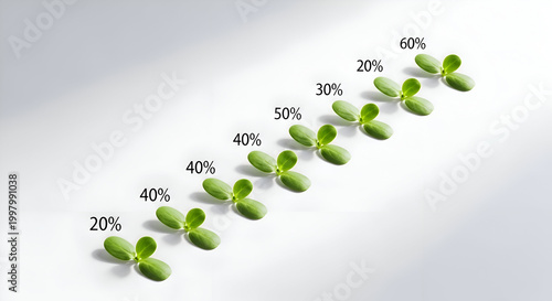 Growing business concept represented by young sprouts with percentage indicators, symbolizing progress, growth, and success in a modern, minimalist style