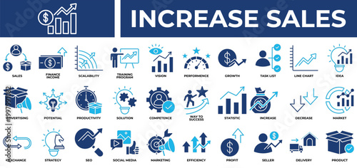 Increase Sales icon set collection. Containing sales, increase, transfer, profit, seo, performance, task .Solid vector icons collection