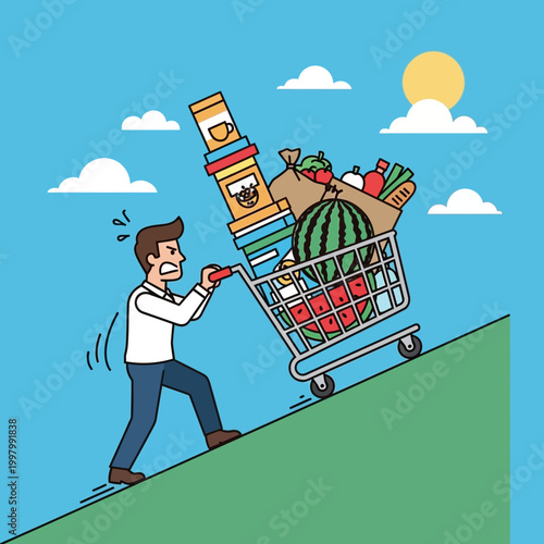 Man Struggling with Overloaded Shopping Cart