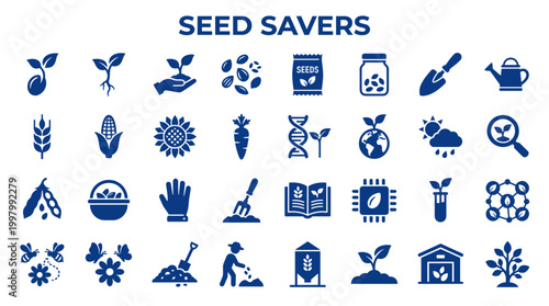 Seed saving and plant cultivation icons collection representing agriculture gardening biotechnology and organic farming concepts