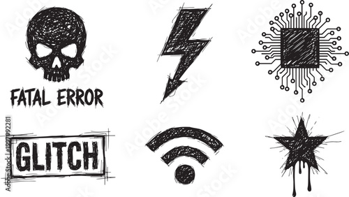 Hand-Drawn Cyberpunk Tech Glitch Icon Set - Gritty Sketch Vector Graphics