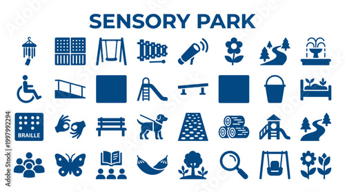 Sensory Park Icons Set Featuring Playgrounds Accessibility Braille Music Nature And Recreation Elements For Inclusive Outdoor Spaces