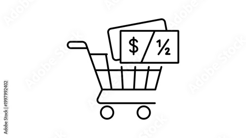 Buy Now Pay Later Concept Vector Icon with Shopping Cart and Installment Payment Cards. Minimalist Black Line Illustration for E-commerce and Finance. Editable Stroke Vector Graphic on White