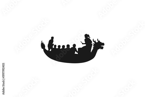 Silhouette of a Dragon Boat with Paddlers and Drummer