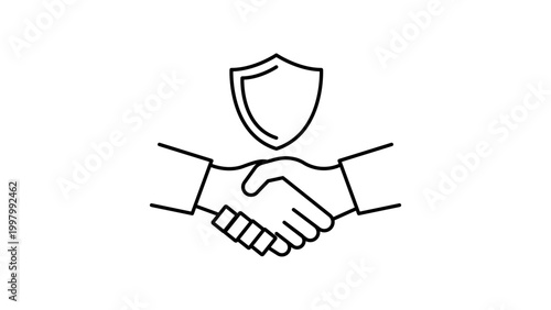 Photos Fiduciary Duty and Trust Agreement Minimalist Black Line Vector Icon with Editable Stroke; Handshake and Shield Representing Secure Business Partnership, Legal Protection, and Reliable Cooperation