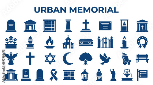 Urban memorial icons set representing gravestones, monuments, funeral symbols and religious elements for remembrance and mourning in a city setting