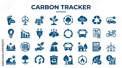 Carbon Tracker Icons Set Sustainable Energy Ecology Environment Protection Renewable Resources Transportation and Industry Symbols