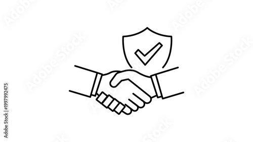 Fiduciary Duty and Trust Agreement Vector Icon with Editable Stroke. Minimalist Line Illustration of a Handshake with a Security Shield and Checkmark for Business Partnership and Safety.