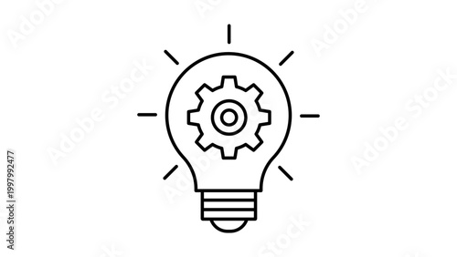 Fintech Innovation and Creative Idea Concept: Minimalist Black Line Vector Icon of a Lightbulb with a Gear Inside, Featuring Editable Stroke for Customization on White Background Illustration
