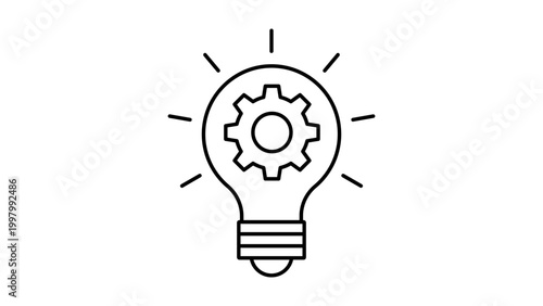 Fintech Innovation and Creative Technology Solution Vector Icon with Lightbulb and Gear, Minimalist Black Outline Illustration with Editable Stroke for Business, Engineering, and Startup Ideas.