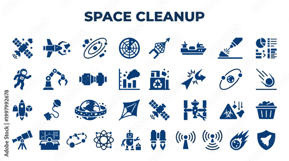 Fototapeta premium Space Cleanup Concept Icons Representing Satellite Debris Removal Asteroid Impact Prevention and Space Station Maintenance Technology