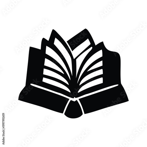 An open book with pages fanned out rendered in a stark black and white design presented as a silhouette high quality