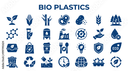 Bio plastics concept icons set for eco friendly packaging and sustainable materials innovation in green industry and environmental protection