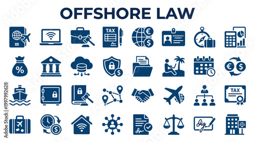 Offshore Law and International Business Icons Representing Global Finance Legal Services and Corporate Compliance Concepts