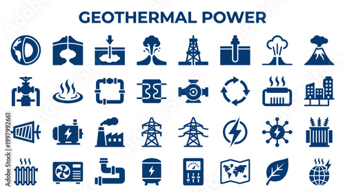 Geothermal energy power generation concept icons showing earth heat extraction and electricity production for sustainable power solutions