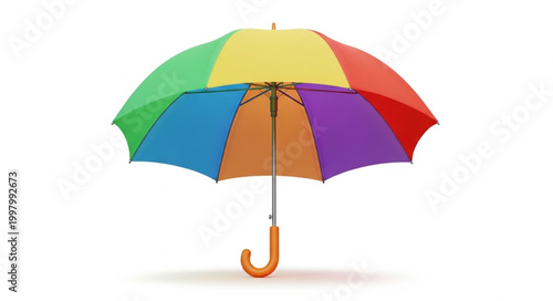 Brightly Colored Rainbow Umbrella Open Isolated on White.