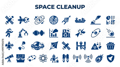 Space Cleanup Concept Icons Representing Satellite Debris Removal Asteroid Impact Prevention and Space Station Maintenance Technology