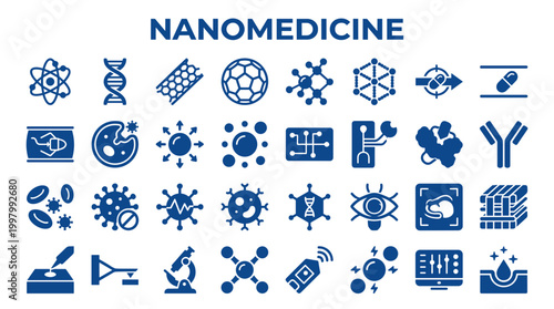 Nanomedicine concept with futuristic icons representing DNA molecules cells and advanced medical technology for healthcare innovation
