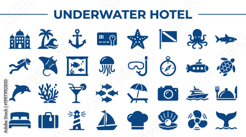 Underwater Hotel Icons and Symbols Collection Representing Ocean Travel Adventure and Resort Experience