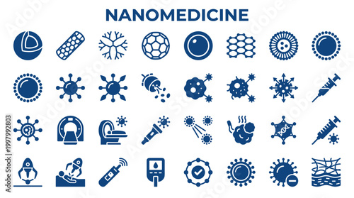 Nanomedicine Icons Set Featuring Medical Research and Healthcare Innovations