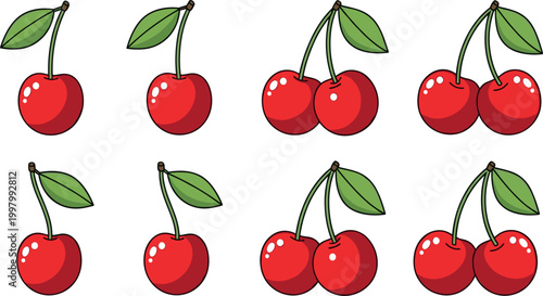 Cute Red Cherry Fruit Set with Single and Pair Illustrations Featuring Fresh Organic Berries for Food Design, Summer Themes, and Healthy Eating Graphics