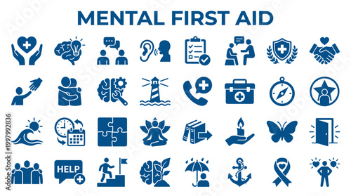 Mental health first aid icons representing support, care, and awareness for psychological well being and emotional support services