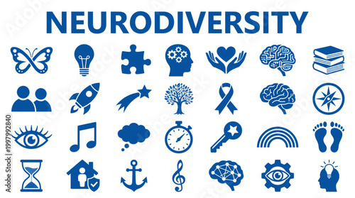 Neurodiversity concept with diverse symbols representing different minds and abilities in a colorful and inclusive representation of human potential