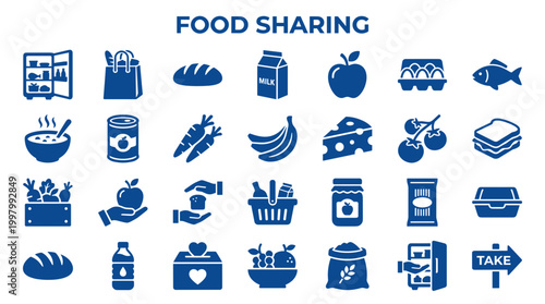 Food sharing concept icons representing donation and community support for hunger relief and healthy eating with groceries and meals