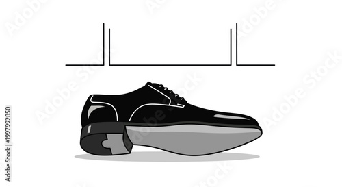 A minimalist illustration depicts a single black oxford shoe positioned below a simple window frame