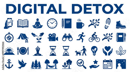 Digital Detox Concept Icons Representing Disconnecting from Technology and Embracing Nature and Well-being Activities