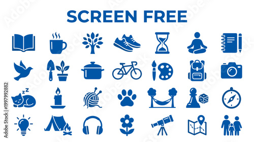 Collection of diverse icons representing screen-free activities and hobbies promoting a balanced lifestyle and digital detox