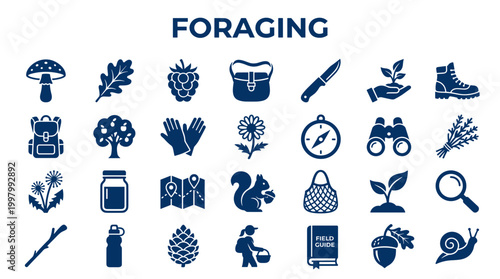 Foraging icons set for outdoor activities and nature exploration including plants animals tools and equipment for gathering food and resources