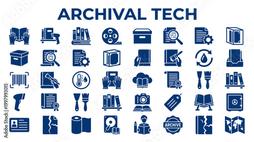 Archival Tech Icons Representing Digital and Physical Data Storage Preservation and Management Solutions