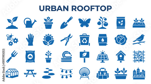 Urban Rooftop Gardening Icons Set Collection of Symbols for City Farming and Sustainable Living Concepts
