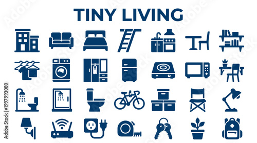 Tiny Living Concept Icons Representing Small Space Dwelling Essentials And Modern Compact Home Solutions