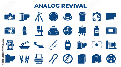 Analog photography revival icons set vintage camera film developing equipment and accessories collection
