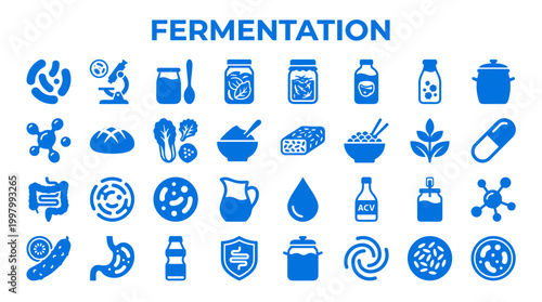 Fermentation icons set for food and health science representing probiotics, gut health, and organic food production with scientific and culinary elements