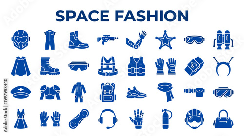 Collection of futuristic space fashion and accessory icons representing modern and futuristic clothing and gear for astronauts and space explorers