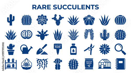 Collection of rare succulent and cactus plant icons and illustrations for gardening and botanical enthusiasts