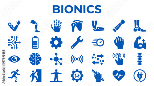 Bionics technology icons set representing advanced prosthetics artificial intelligence robotics and human augmentation innovations