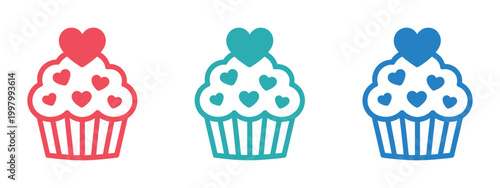 Cupcake icon, heart shaped toppings, colorful dessert variations, bakery sweet symbols, romantic celebration theme, flat vector illustration