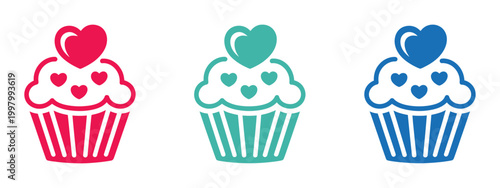 Cupcake icon, heart topping designs, colorful dessert graphics, bakery sweet symbols, love celebration concept, vector illustration