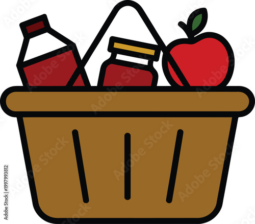 Brown shopping basket with red apple, jam jar, and bottle