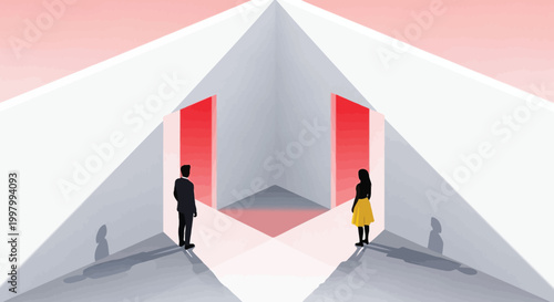 A minimalist illustration depicts two figures facing each other within a stark geometric architectural space
