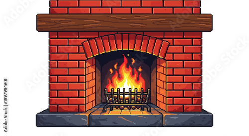 A pixel art depiction of a cozy brick fireplace with a warm glowing fire inside